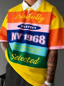 Unisex Retro Rainbow Striped NY 1968 Oversized Polo TeeViral CleanFit Y2K Aesthetic Preppy Streetwear Premium Polyester Blend Bold Color-Block Stripes Vintage Typography Print Contrast Collar Drop Shoulder Relaxed Fit Edgy Streetwear OOTD