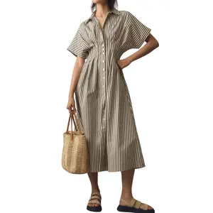 Chouyatou Women's Summer Color-Block Striped Shirt Dress Pleated Waist Button-Down Long Casual Dress