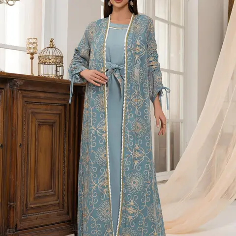 Women's Floral Embroidery Long Sleeve Outerwear & Belted Tank Dress, Elegant Arabic Clothing for Party Holiday Wedding Guest, Arab Wedding Attire, Bridal Outfit, Traditional Brides Attire, Ladies Islamic Clothing for All Seasons, Classy Modest Dresses