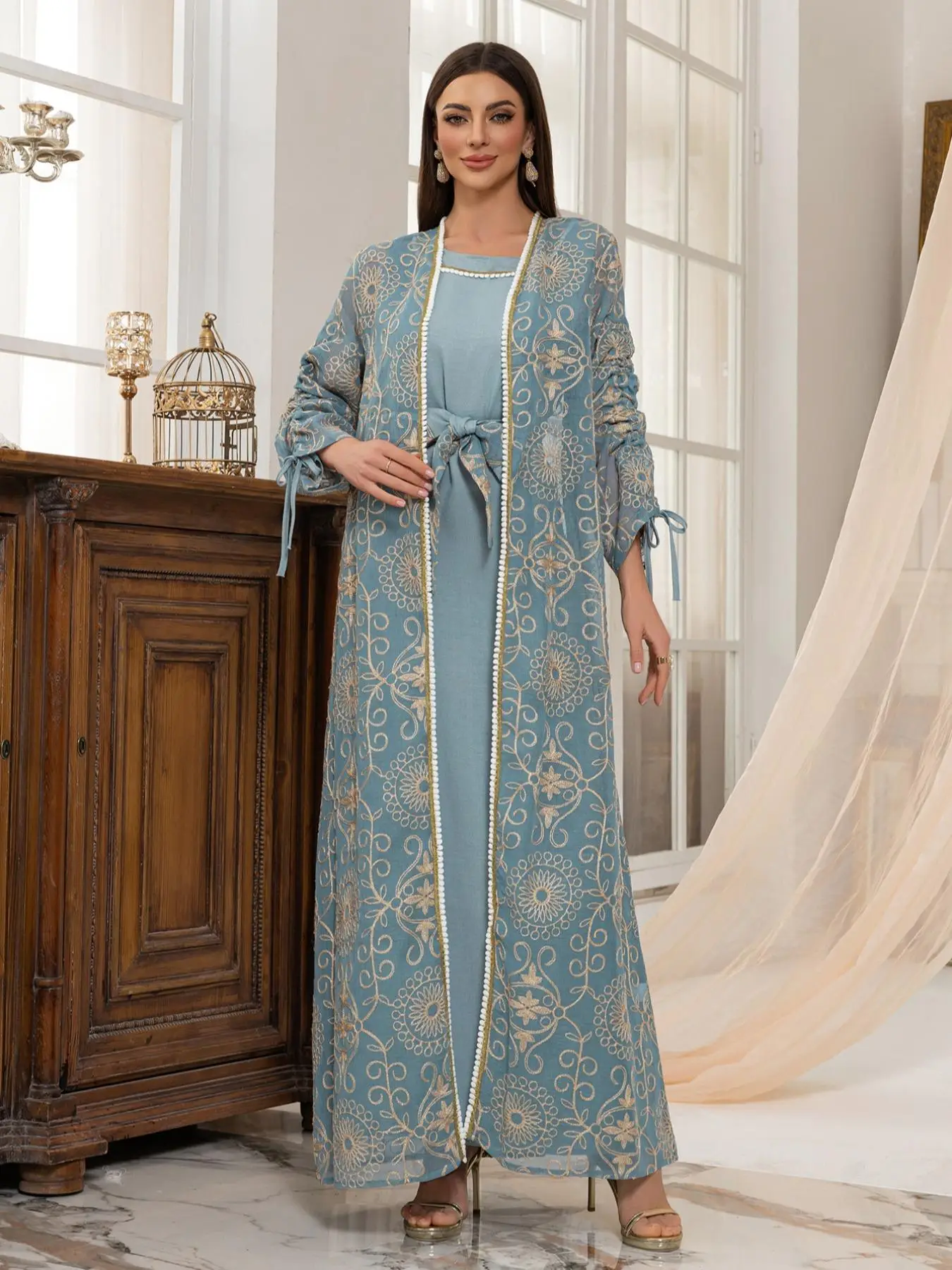 Women's Floral Embroidery Long Sleeve Outerwear & Belted Tank Dress, Elegant Arabic Clothing for Party Holiday Wedding Guest, Ladies Islamic Clothing