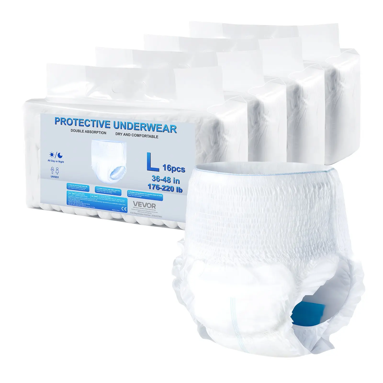 【DealsForYouDays】VEVOR Adult Incontinence Underwear, High Absorbent Protective Underwear for Men Women, Disposable Adult Pull-ups Diaper with Leakproof Leg Cuff Wetness Indicator - L Size, 64 Count (4 Packs of 16)