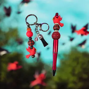 In Memory of Cardinal Beaded Pen and Keychain with Red Cardinal Charm and Plaid Beads for Unique Gift
