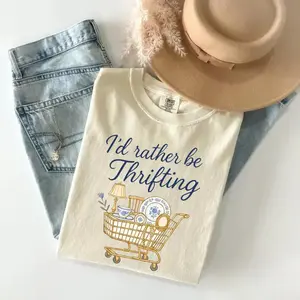 Comfort Colors I’d Rather Be Thrifting T-Shirt, thrift aesthetic Tshirt, blue and gold vintage decor cart, thrifting graphic, boutique style T-Shirt - TrendWear USA