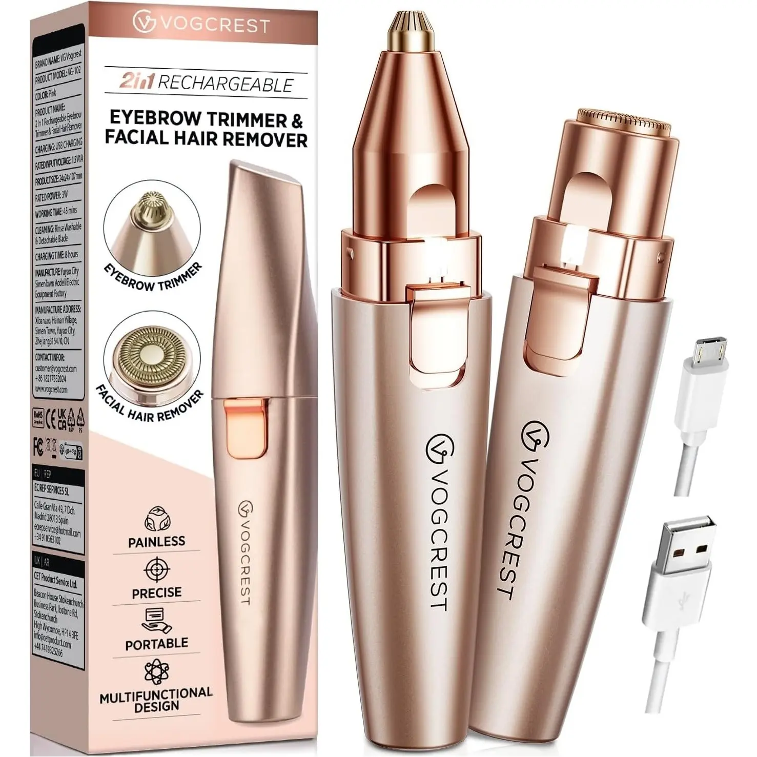 VG Vogcrest Women's USB Rechargeable 2-in-1 Cordless Portable Multifunctional Hair Shaver - ABS, Painless Precision Eye & Face Razors, LED Light, 1 Facial Hair Remover Head, 1 Main Body, Rechargeable Battery, Daily Self Care Gadget, Gifts for Women