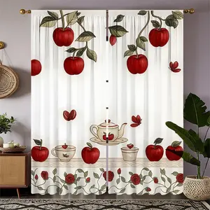 Apple Afternoon Tea Print Curtains Set, Fashionable Rod Pocket Window Drapes for Bedroom & Living Room, Comfortable Atmosphere, Easy Installation