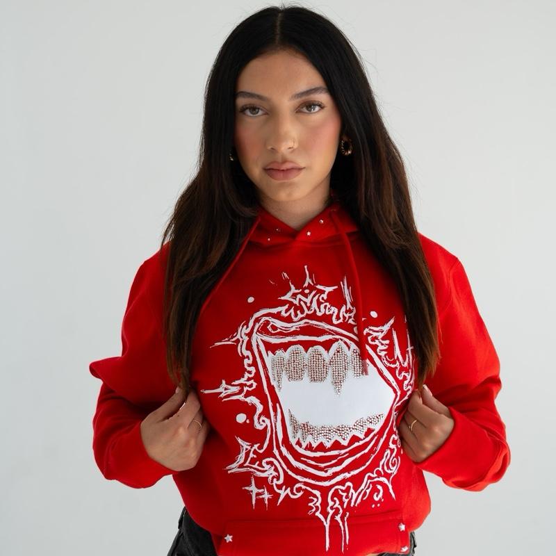 Y2K Hip-Hop Streetwear Fivestarss Rhinestone Fashion Hoodie Cherry Red Loose Fit Casual Style Unisex