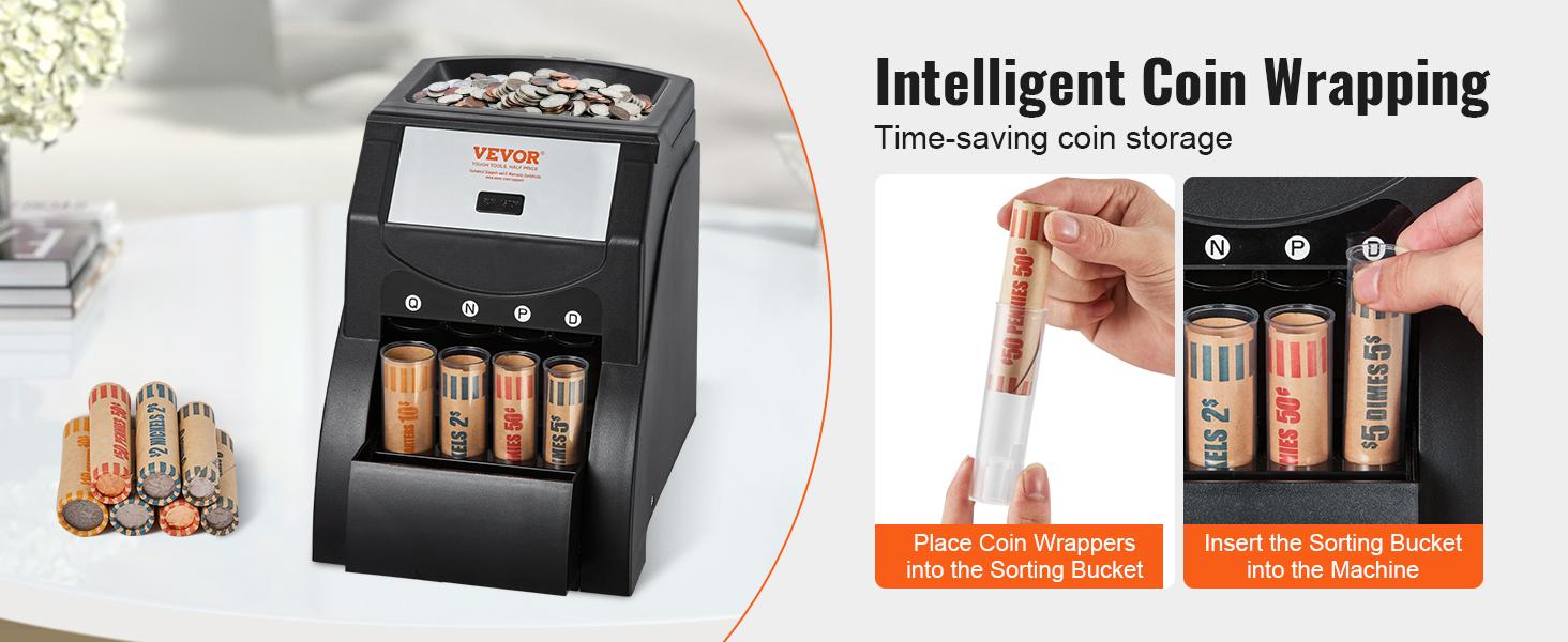 TikTokShopBlackFridayVEVOR USD Coin Sorter, Coin Sorter Machine for USD Coin 1￠ 5￠ 10￠ 25￠, Sorts up to 230 Coins/min, Coin Sorter and Wrapper Machine Holds 200 Coins Included 4 Coin Tubes, Black  VEVOR Super Brand Day