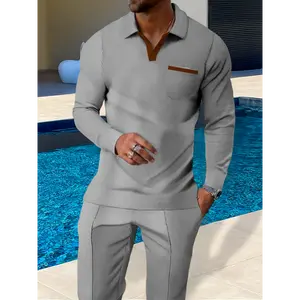 Breathable Lightweight Polyester Knit Set - Men's Casual Long Sleeve Lapel Collar Pullovers with Pockets, Slight Stretch, Regular Fit for Spring/Fall - Includes Belt, 100% Polyester