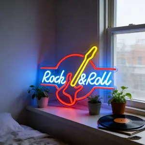 Rock&Roll Guitar Neon Light Sign - USB-powered 10-level dimmable LED neon light, suitable for room decoration, men's dens, music parties, wall/bookshelf embellishments (multi-color)