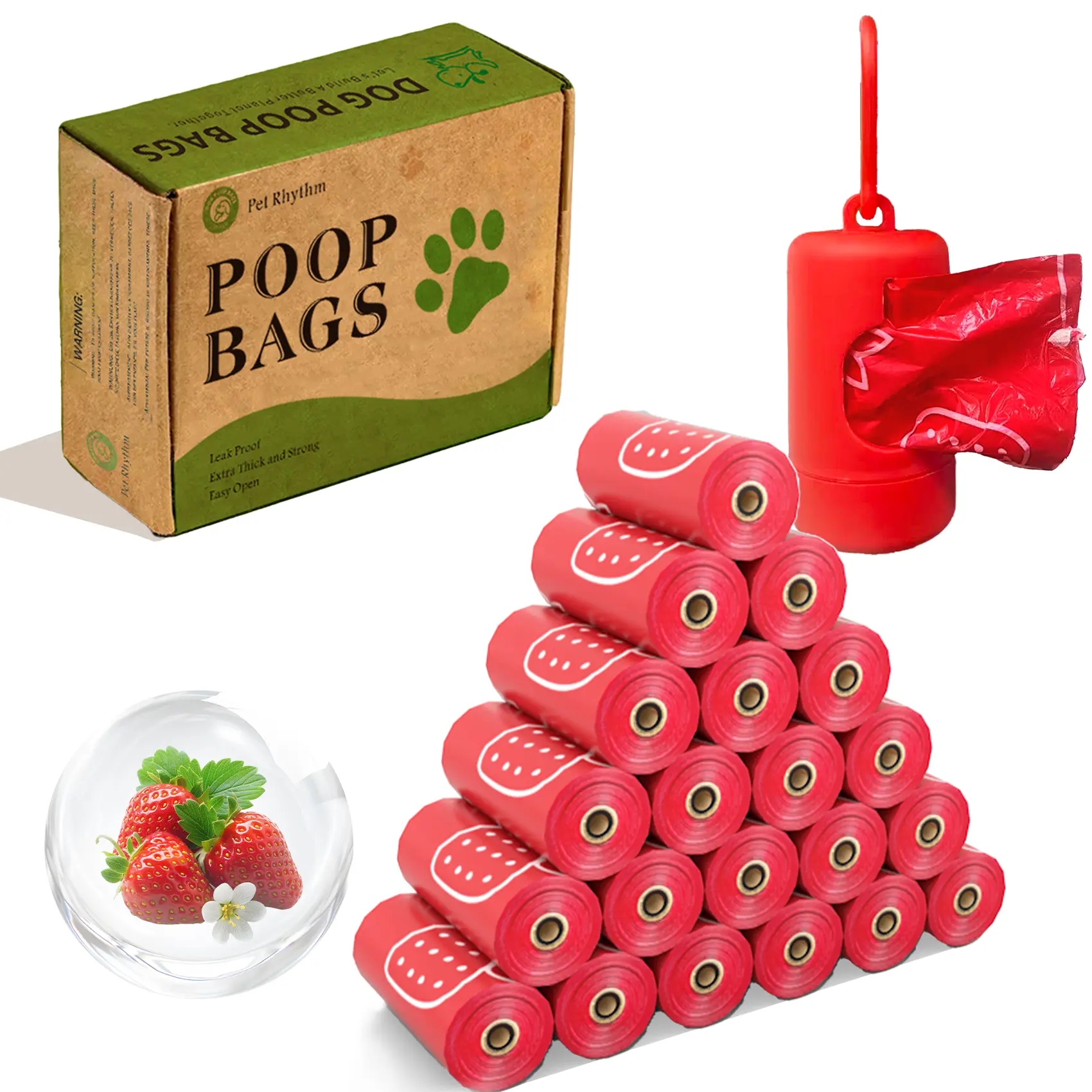 Biodegradable Dog Poop Bags Set, Strawberry Scented Clean Pet Waste Bags, Ultra Thick Leak-Proof Dog Poop Bags with Dispenser