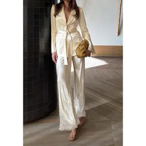 Women Y2K Satin Wide Leg Pants Casual Elastic High Waist Solid Loose Fit Lounge Pants Office Ladies Work Trousers