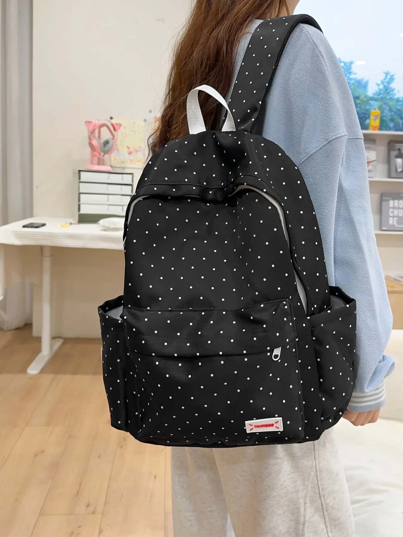 1pc Portable backpack, Casual backpack, large capacity women's backpack, zipper closure, polka dot, suitable for travel, commuting, students, school, campus, Traveler Essentials Backpack