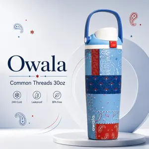 Owala Common Threads 30oz Water Bottle, Blue Red Patchwork Print Insulated Leakproof Travel Bottle