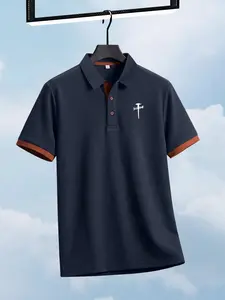 Men's Fashion Print Polo Shirt, Creative Simple Horse Pattern Short Sleeve Collared Top, Collar and Color Block Sleeves, Summer Casual Golf Shirt