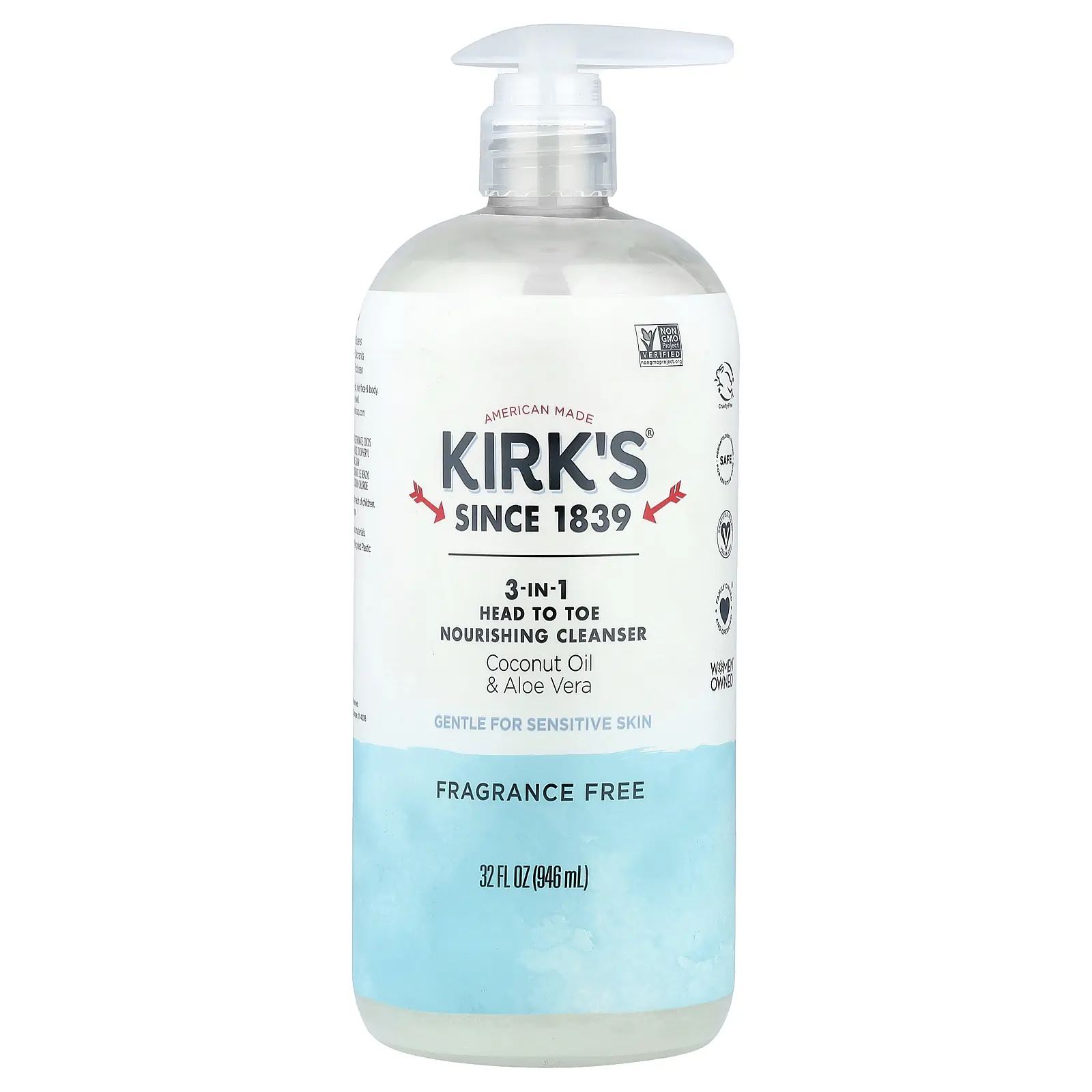 Kirk's 3-In-1 Head To Toe Nourishing Cleanser, Fragrance Free, 32 fl oz (946 ml)