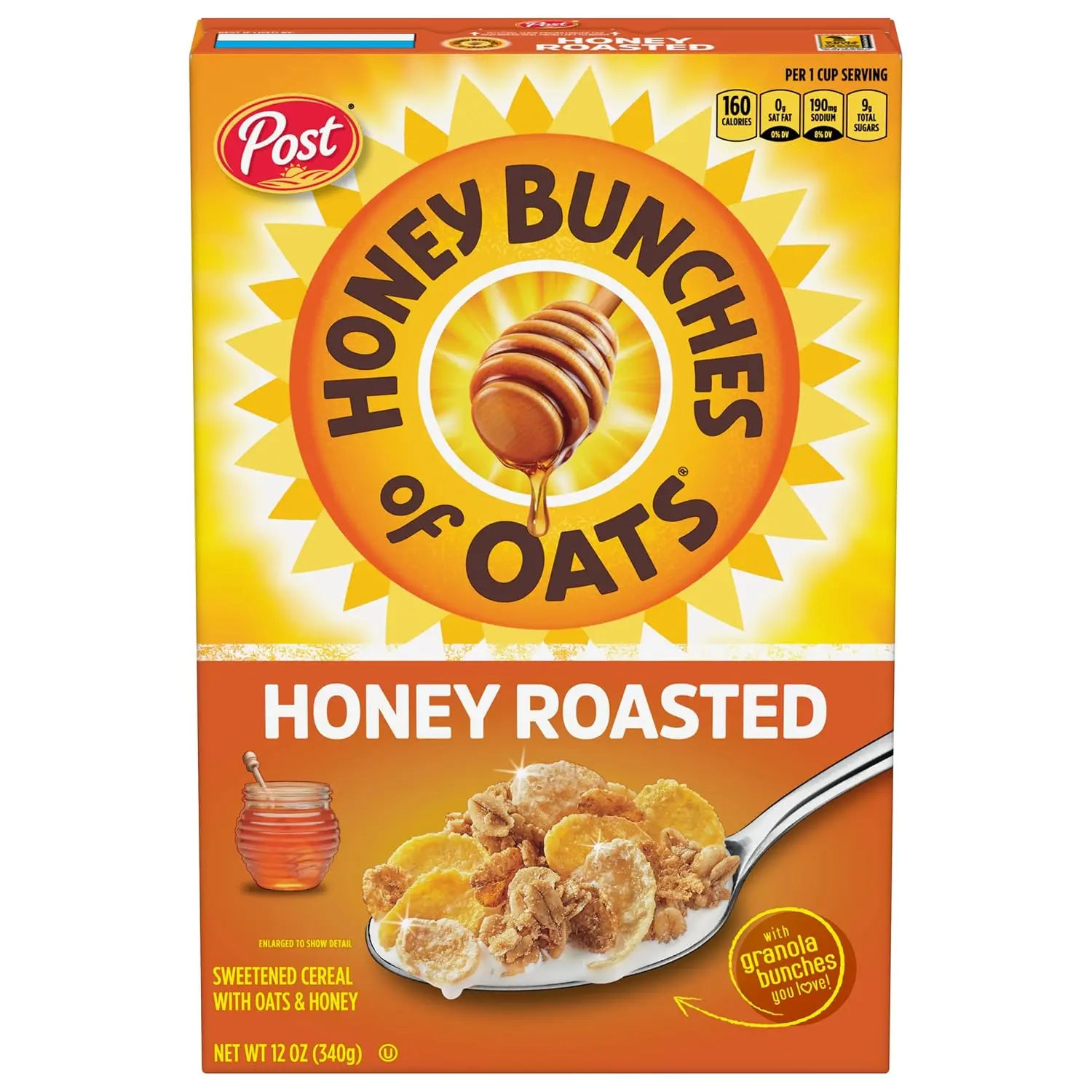 Honey Bunches of Oats Honey Roasted Breakfast Cereal with Oats and Granola Clusters, Low Fat made with Whole Grain Cereal, 12 oz Box