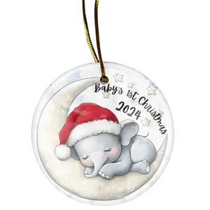 Baby's 1st Christmas Ornament - Baby Elephant Sleeping on a Crescent Moon - 3" round ornament