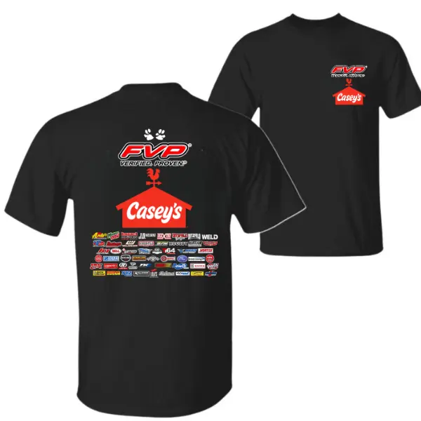 FVP Casey’s Verified Proven T-Shirt – Official FVP & Casey’s General Store Logo Tee with Full Sponsor Stack, Perfect for Racing & Auto Enthusiasts.