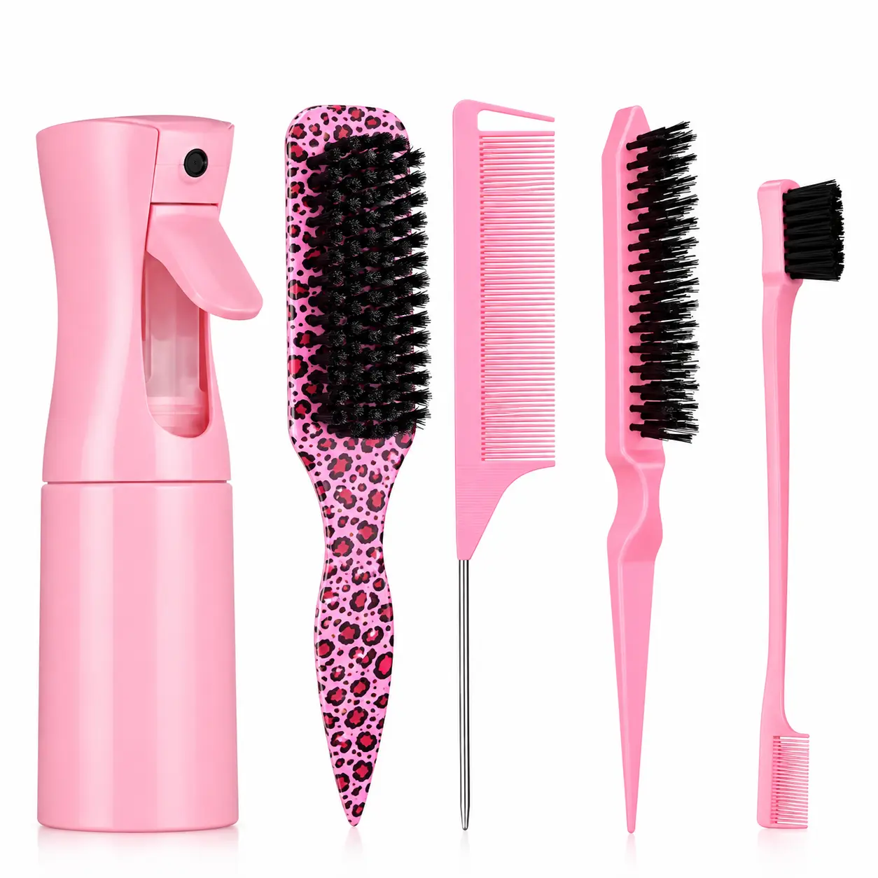 5PCS Hair Styling Tools Set with Heatless StylingTools, Bristle Brush, Rat Tail Comb & EdgeBrush, Professional Hair Sectioning, Slick Back,Braiding, Detangling & Hairline Styling Kit forSalon & Daily Use Home Hair Kit Salon Supplies