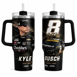 Insulated 40oz Kyle Busch Number 8 Racing Tumbler, Black Gold Stock Car Fan Cup, Race Driver Tribute Drinkware, Garage Race Day Gift For Dad Men