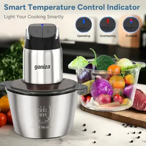 Ganiza Food Processor with 8 Cup Glass Bowls & 8 Cup Stainless Steel 2-Speed Food Chopper Meat Grinder  Upgraded Button & Smart Overheat Protection Light - Includes Clean Brush 2 Sets of Blades
