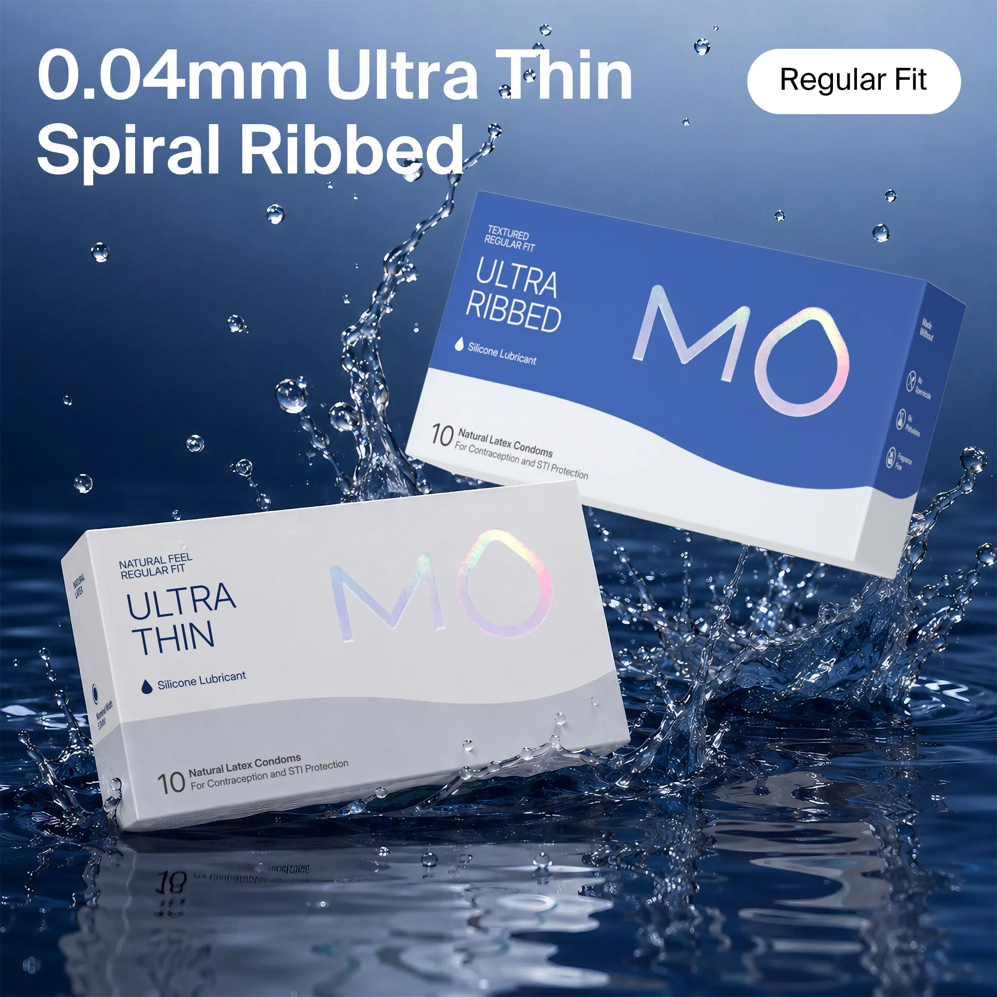 MO Natural Latex Condoms For Men, 0.04mm Ultra-Thin,Ultra- Ribbed,  pH-Balanced for Sensitive Skin, Silicone Sensation, 10-Count Contraceptive Soft Soft And Flexible