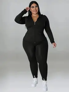 Plus Size Solid Zip Up Hooded Top & Skinny Pants Set, Casual Lightweight Long Sleeve Hooded Outerwear & Trousers for Women, Women's Christmas and New Year Two-piece Outfits for Spring & Fall
