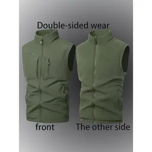 [Men's Reversible Fleece Vest] Reversible Fleece Vest, Men's |   Fall/Winter Thickened Sleeveless Jacket with High Neck, Embroidered Alphabet Pattern, Multi-Pocket Fishing Shoulder Coat |   Polyamide 100% & Polyester Lining, Loose Fit, Non-Stretch Woven F