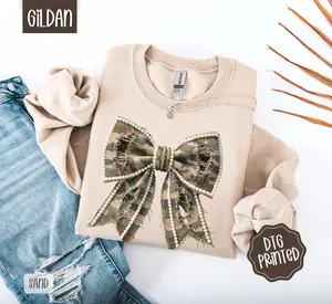 Faux Pearl Camo Bow Sweatshirt, Trendy Women's Sweater