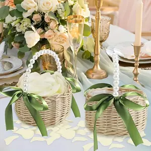 Willow Vine Handwoven Pearl Princess Basket Portable Flower Suitable for Wedding Handle Woven Organiser