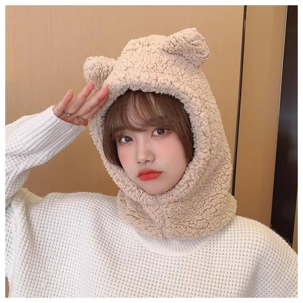 New Winter Warm Cute Bear Ear Hat Outdoor Riding Thicken One-piece Hooded Ear Protection Hat Women Casual Hat Balaclava Beanies