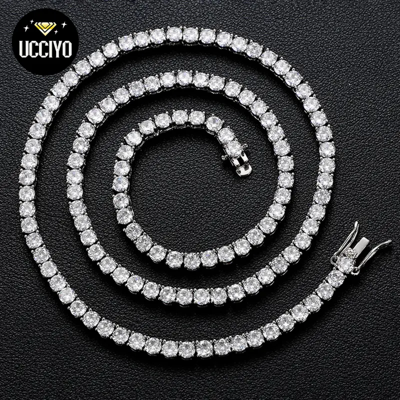 UCCIYO 3mm 925 Sterling Silver 4-Prong Inlaid Stones Synthetic Moissanite Tennis Chain Necklace, Unisex Hip Hop Rap Trend Gift for Party Wear【#N11】