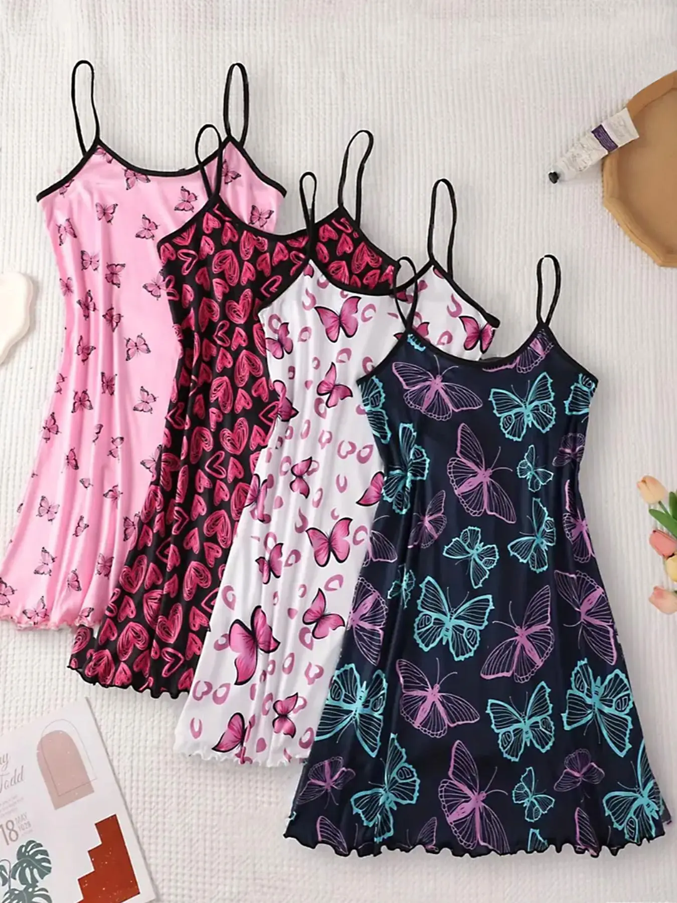 [Plus Size] All Over Butterfly Print Cami Nightdress Set, Casual Cute Soft Comfortable Fit Spaghetti Strap Sleeveless Nightgown for Women, Women's Sleepwear Nightwear Loungewear for All Seasons, Loungewear, Lady, Stylish Sleepwear