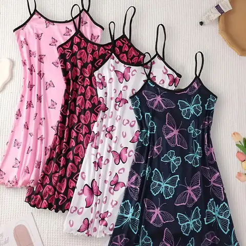 [Plus Size] All Over Butterfly Print Cami Nightdress Set, Casual Cute Soft Comfortable Fit Spaghetti Strap Sleeveless Nightgown for Women, Women's Sleepwear Nightwear Loungewear for All Seasons, Loungewear, Lady, Stylish Sleepwear