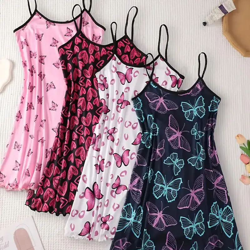[Plus Size] All Over Butterfly Print Cami Nightdress Set, Casual Cute Soft Comfortable Fit Spaghetti Strap Sleeveless Nightgown for Women, Women's Sleepwear Nightwear Loungewear for All Seasons, Loungewear, Lady, Stylish Sleepwear