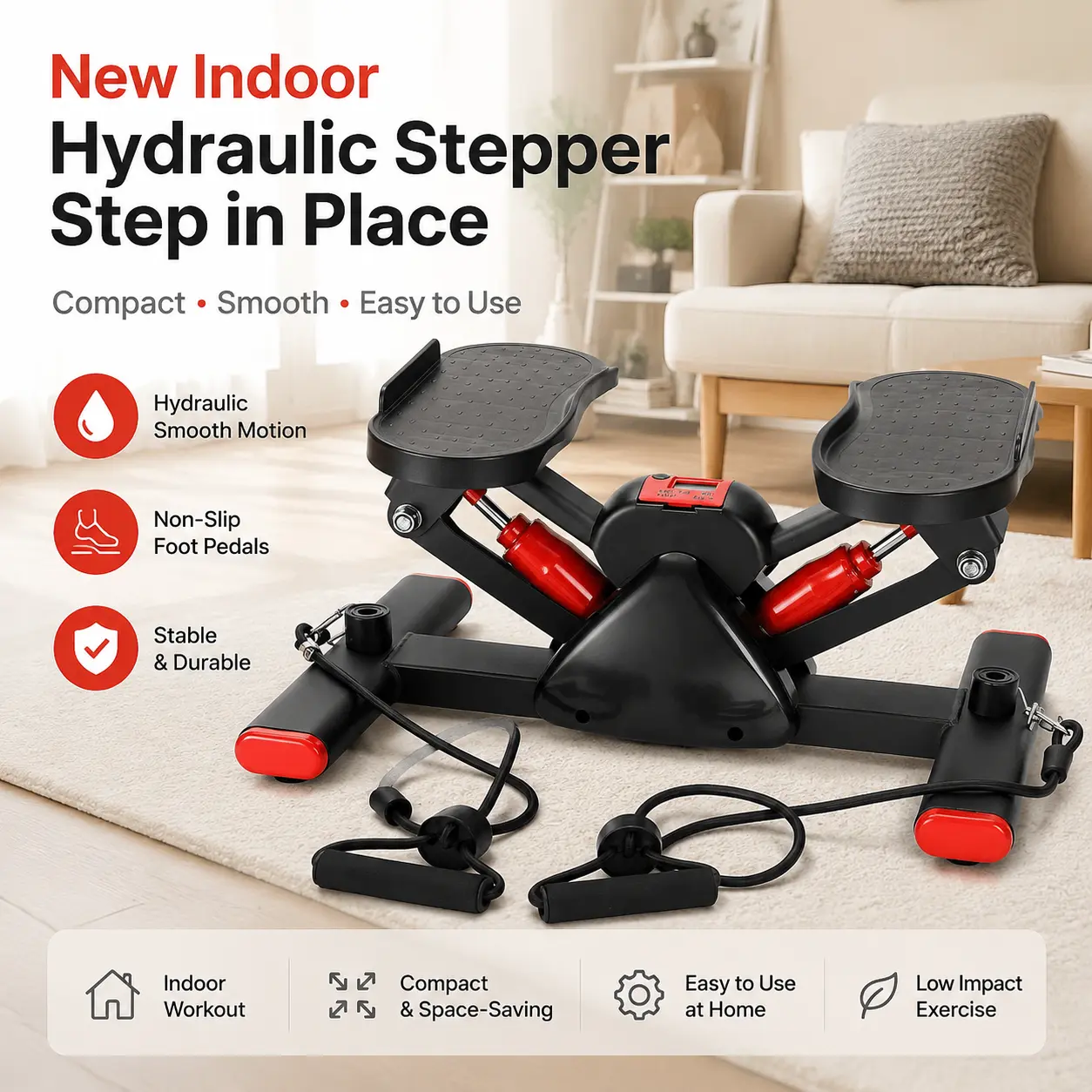 Indoor Hydraulic Mini Stepper with Resistance Ropes, Compact Step Exercise Machine with Digital Display for Home Workouts
