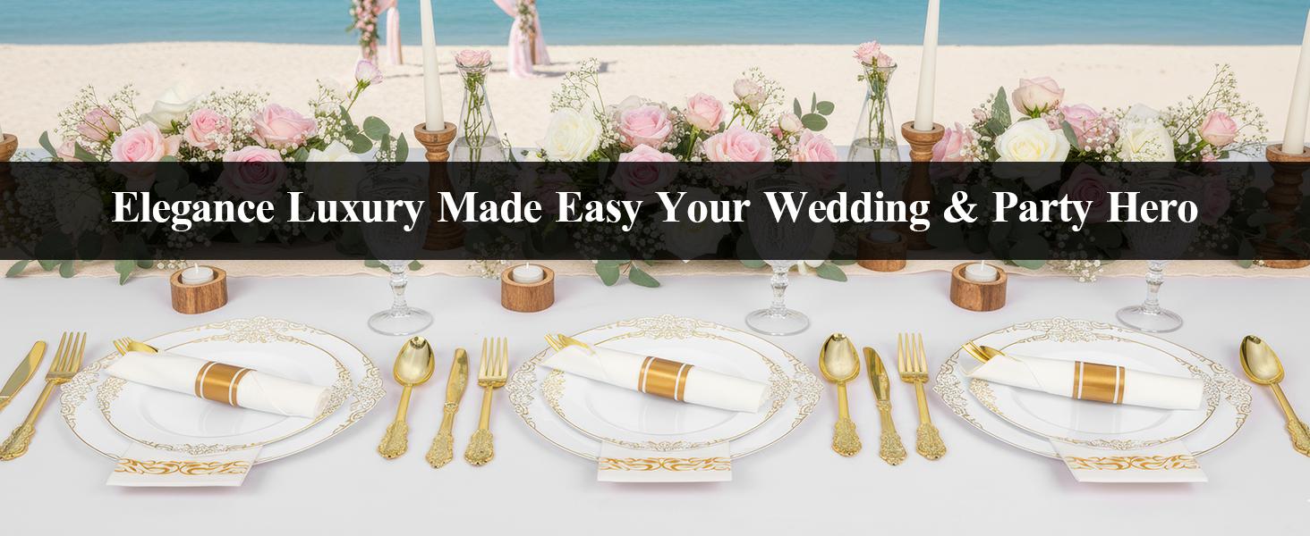 100PCS White and Gold Plastic Plates – 10.25” Heavy Duty Disposable Dinner Plates & Party Plates for Weddings, Parties, Events – Elegant, Sturdy