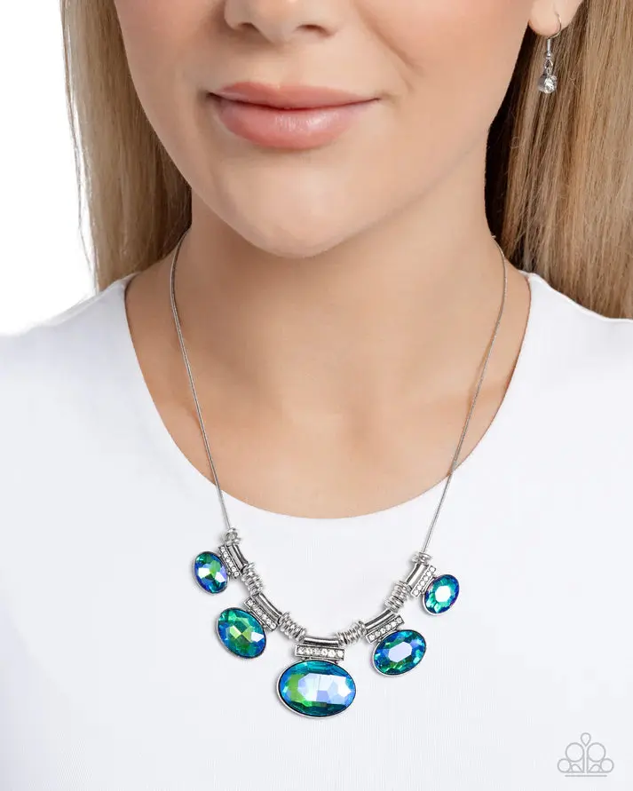Iridescent Green Costume Jewelry Matching Set - Adjustable, Everyday Wear, Oval Gems, UV Shimmer, Socialite Status Style, Matching Sets, Green Gemstone Pendant Necklaces