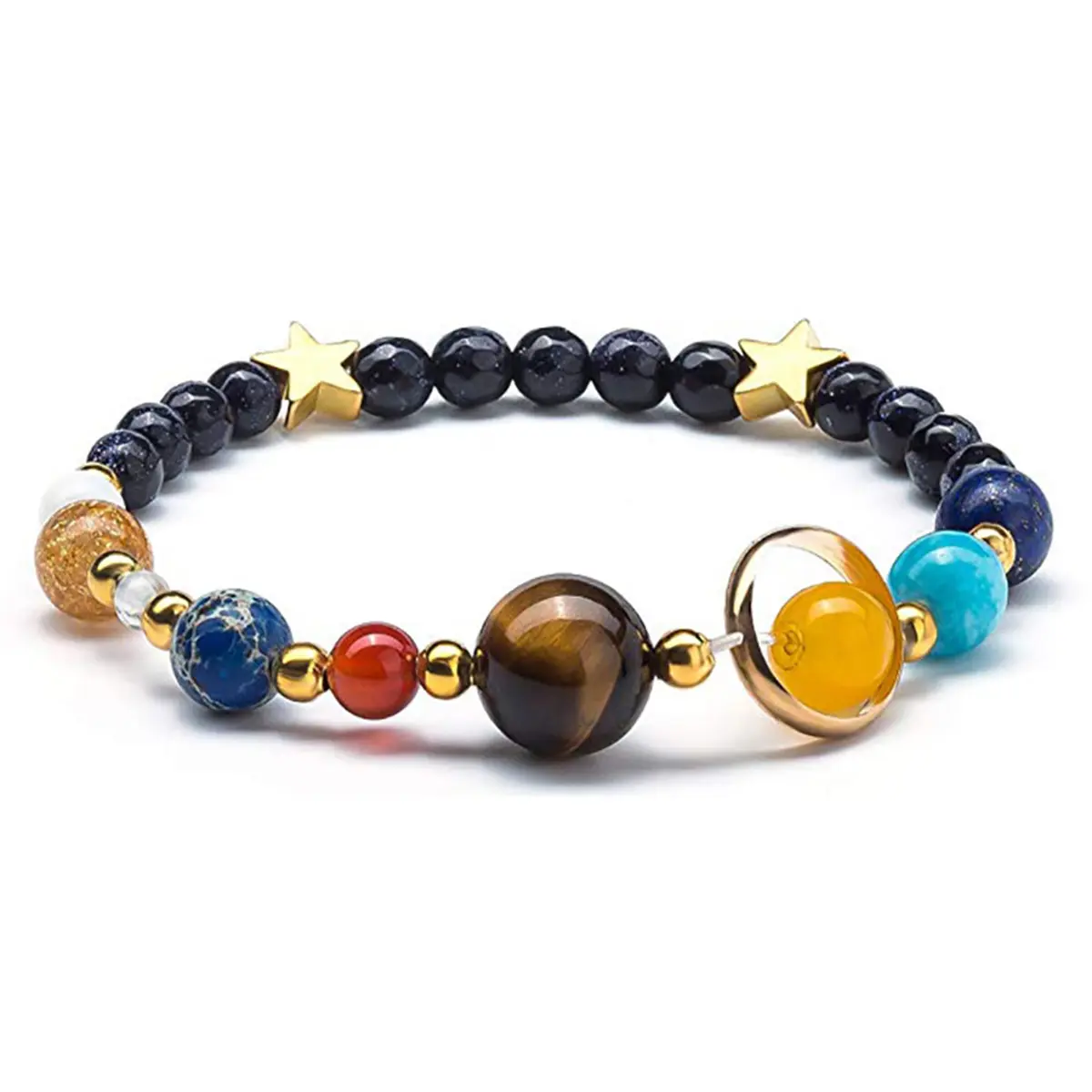 Natural Crystal Solar System Bracelet, Unisex 8-Planet Beaded Bangle with Star Accents, 6-8mm Gemstone Stretch Jewelry, High Quality Bracelet, Natural Crystal Bracelet