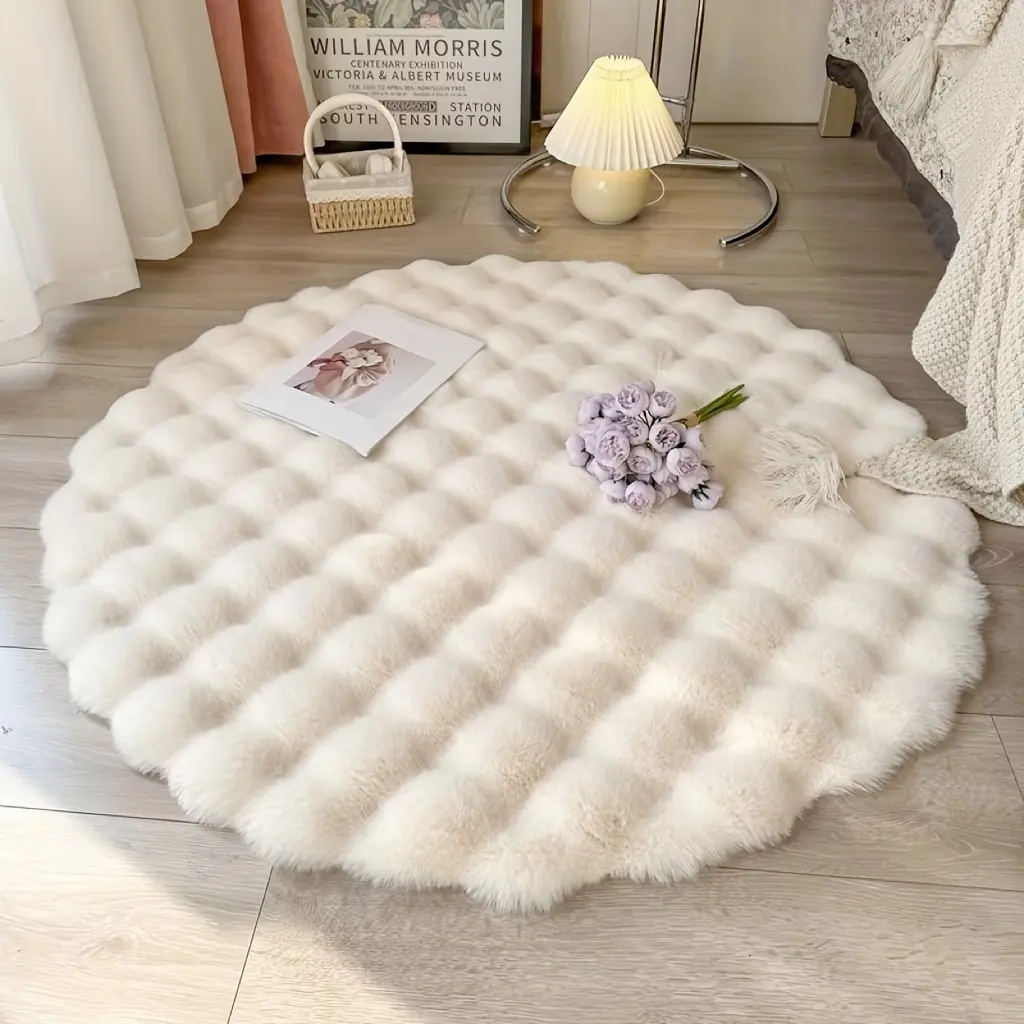Round Bubble Plush Area Rug, Ultra Soft Fluffy Faux Fur Carpet, Washable Cozy Floor Mat for Bedroom Living Room Nursery Vanity Closet Dorm Home Decor, 35.43 Inch