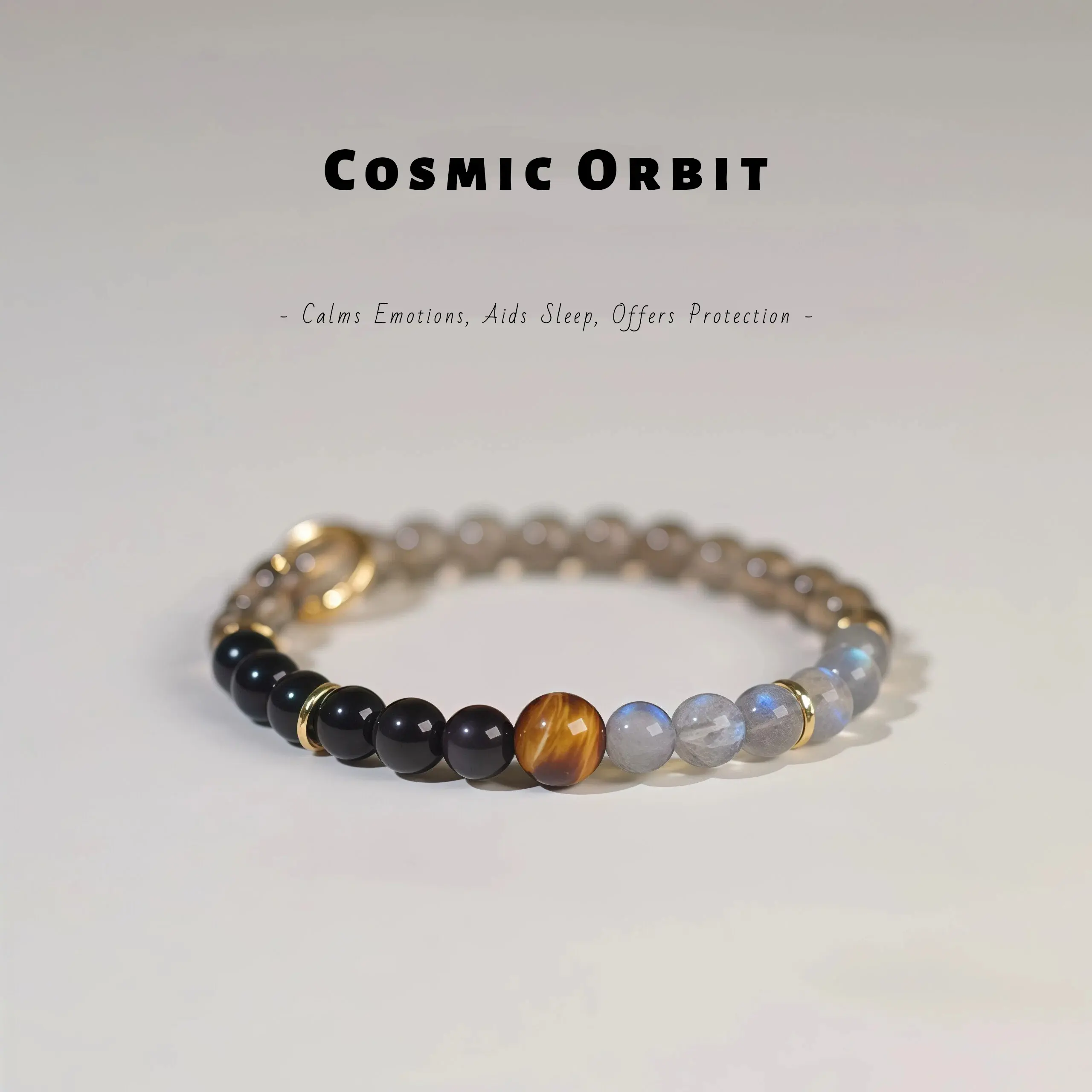 Natural Obsidian & Grey Moonstone Bracelet for Women, Smoky Quartz Tiger Eye Beaded Bracelet, Calming Sleep & Protection Jewelry Gift
