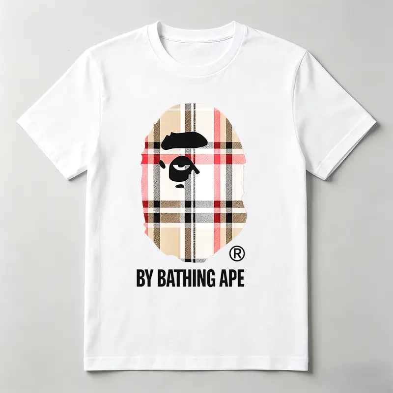 100% Cotton Plaid Ape Graphic T-Shirt, Retro Monkey Head Y2K Streetwear Tee, Unisex Crew Neck Short Sleeve Casual Shirt