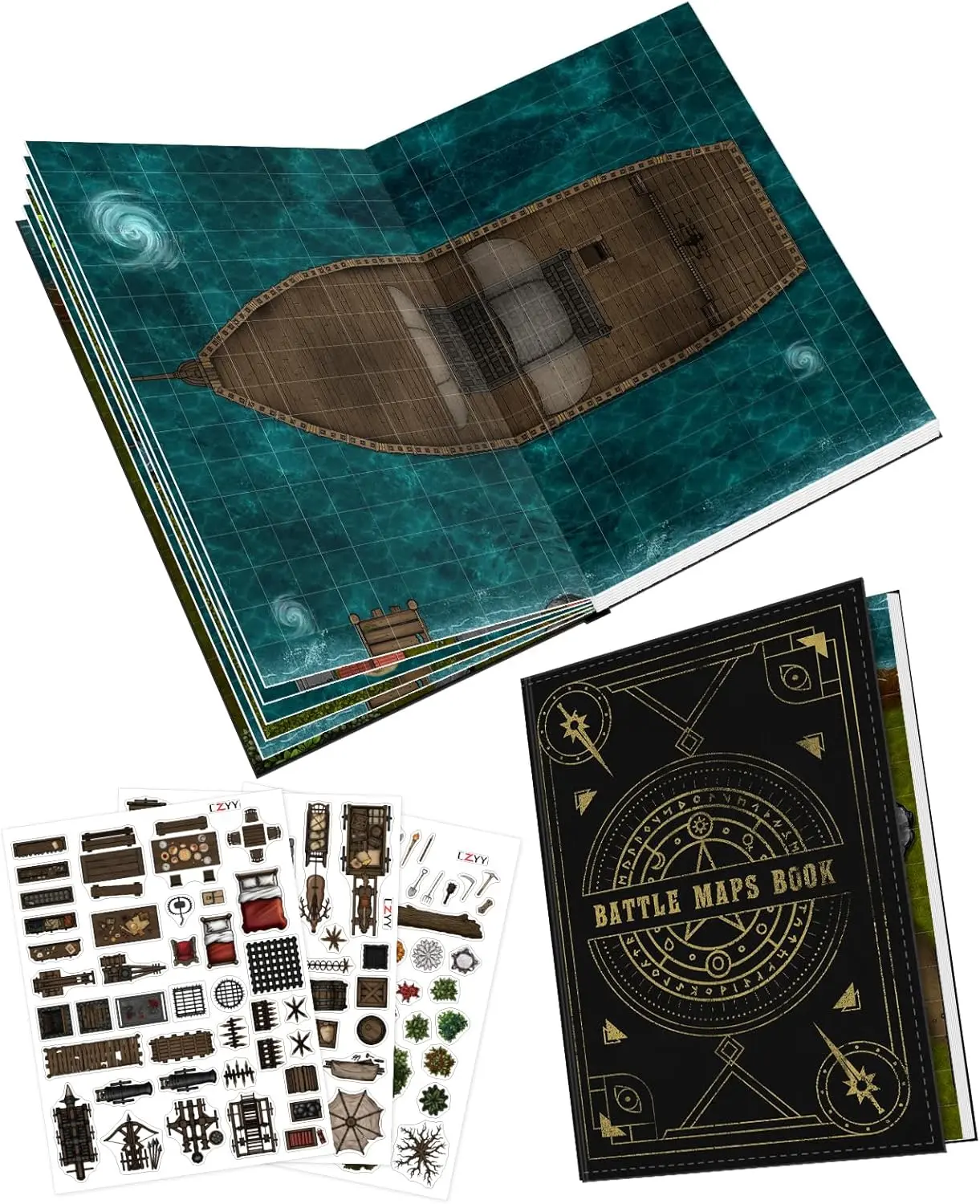CZYY DND Battle Map Book - 32 Reusable Dry/Wet Erase Mats, 100+ Scenery Decals, 1" Grid, Lay-Flat Binding - Portable RPG Terrain Board Game Prop for Campaigns, Miniature Battles (Style A)