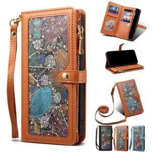 Vintage Leather Phone Case with Card Slot & Lanyard, Multi Card Position Zipper Phone Case, Phone Accessories for iPhone 16 15 Pro Max 14Plus 13Pro 12Pro, Cover