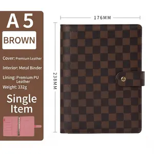 Brown Checkered A5 Planner Binder, PU Leather 6 Ring Refillable Notebook Cover with Snap Button, Card Pockets & Pen Holder for Daily Notes, Budget Planner, Office Desk & College,Dreambook & Planner portable book prompt question