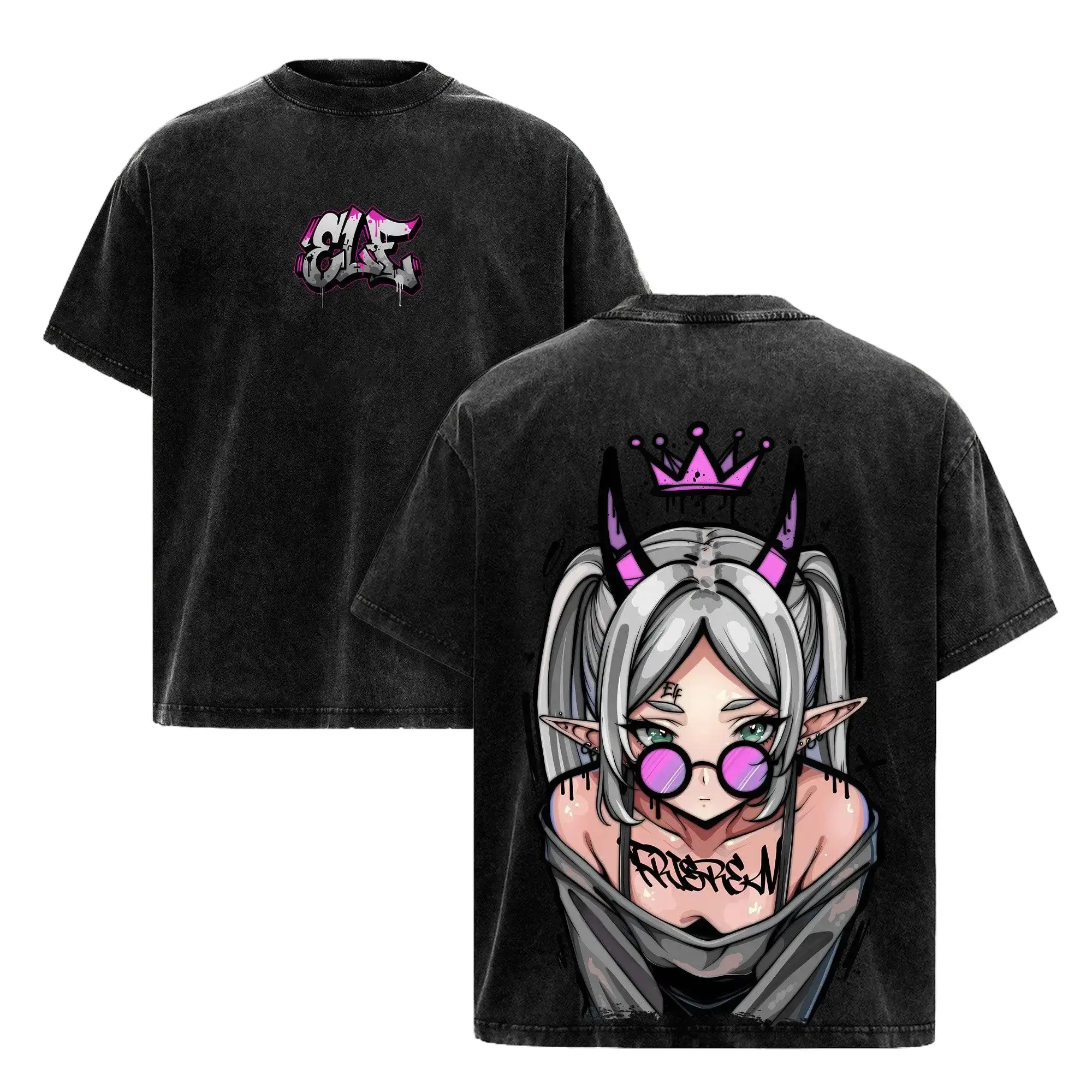 Frieren Beyond Journey's End Oversized Vintage Washed Graphic Tee, Premium Soft Cotton Round Neck Short Sleeve Anime Shirt for Men & Women. 90s Retro Streetwear, Y2K Edgy Goth Fantasy Top for Gym, Summer Casual Daily Wear & Machine Washable Anime Apparel.