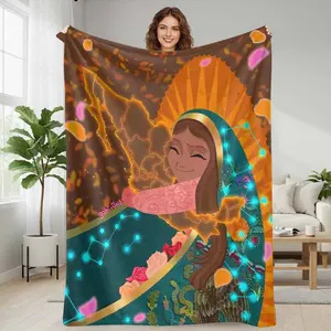 Mexican Virgin Mary inspired velvet fleece blanket  featuring a vibrant tapestry print with celestial constellations  intricate floral and patriotic motifs  perfect for home decor  cultural gifting  nationalist celebration  and personal comfort.