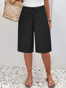 Summer Plain Loose Straight Leg Pocket Shorts, Casual Commuter Versatile Mid-Thigh Pants, Striped Pattern, Loose Fit, Women's Fashion