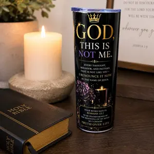 Break Agreement Tumbler - Black with Gold Lettering, Featuring Romans 12:2 Quote, Ideal for Daily Use