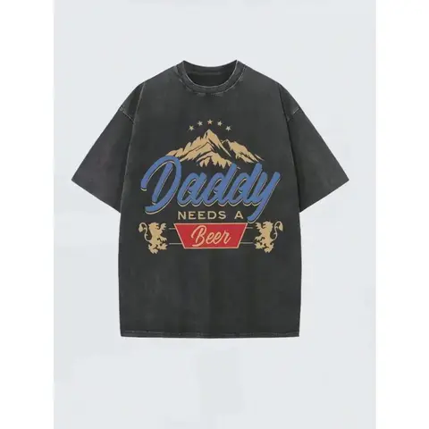 Men's Vintage Washed Loose Oversized Boxy Fit Casual Crew Neck Short-Sleeve Graphic Print Tee - Black-180g Vintage Clothing, Retro Streetwear Sports & Outdoor Top, Father’s Day Gift for Beer-Loving Dads
